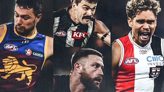 From left: The Brisbane Lions’ Conor McKenna, Collingwood’s Oleg Markov, St Kilda’s Liam Henry and Essendon’s Jayden Laverde.