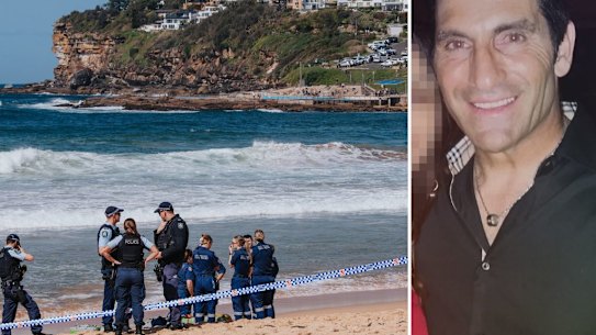 The scene on the beach; and Dee Why shark attack victim Mercury Psillakis. 