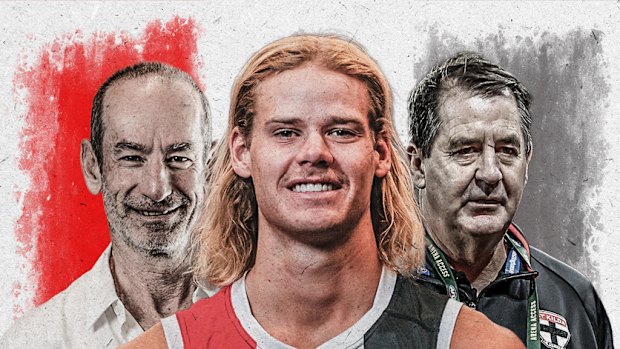 After big moves in 2025, St Kilda will be in the spotlight in 2026. From left: President Andrew Bassat, star recruit Tom De Koning, and coach Ross Lyon.