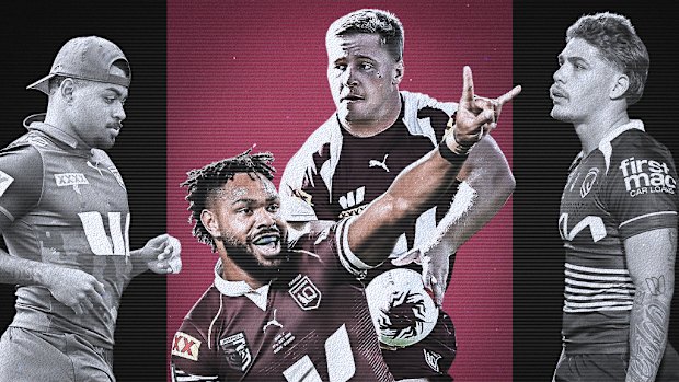 Dolphins stars Hamiso Tabuai-Fidow and Max Plath (centre) lead a six-man club contingent into Origin game two, while the Broncos this series have had most selected as reserves, including Ezra Mam (left) and Reece Walsh (right) this series.