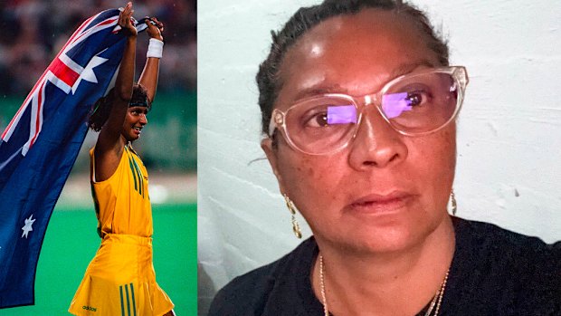 Nova Peris, pictured celebrating winning a gold medal at the 1996 Olympic Games (left) and taking cover in a bomb shelter in Israel last month. 