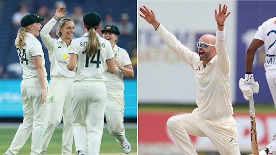 The Australian women’s team (left) and Nathan Lyon (right) celebrate their Test wins on Saturday.