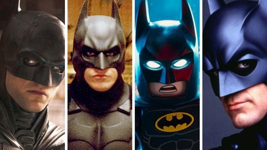 The many faces of Batman (from left): Robert Pattinson, Christian Bale, LEGO Batman and George Clooney.