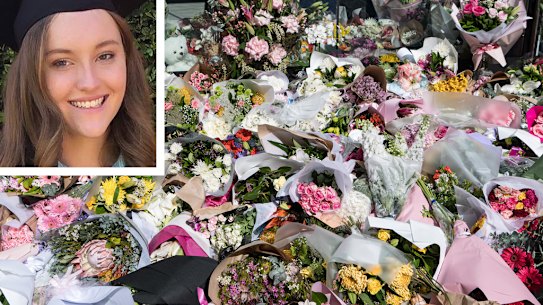 Lilie James, and a floral tribute left outside St Andrew’s Cathedral School.