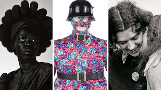 From left: Zanele Muholi, Ntozakhe II (Parktown), 2016; Leigh Bowery’s The Metropolitan
(c1988); Ponch Hawkes’ No title (Two women embracing, “Glad to be gay”) 1973.