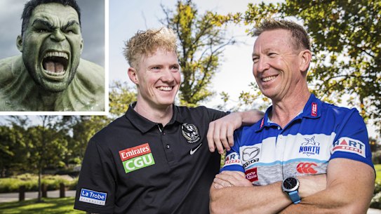 North Melbourne coach David Noble, his Collingwood son John ... and the Hulk.