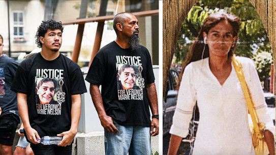 Veronica Nelson (right) and, left, her friends and family outside the Victorian Coroners Court.