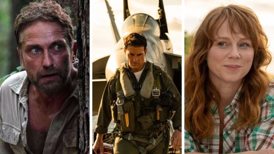 Movies to see in May include (from left) Last Seen Alive, Top Gun: Maverick and How to Please a Woman starring Hayley McElhinney.