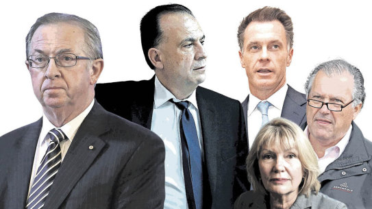 Russell Balding, Racing NSW head Peter V’Landys, Premier Chris Minns and racing identities John Messara and Katie Page.