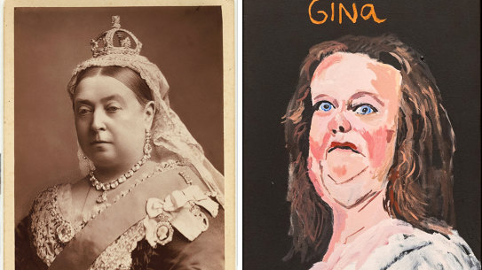 Kindred spirits: Queen Victoria by Alexander Bassano, 1887, and Vincent Namatjira’s portrait of Gina Rinehart.
