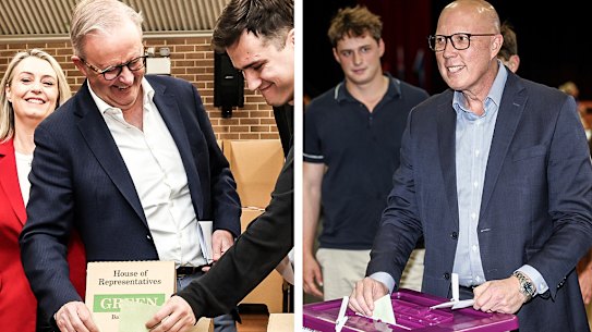 Anthony Albanese and Peter Dutton voting.