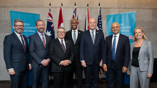 Out and proud ... Peter Dutton with fellow ministers representing the Five Eyes intelligence allies at a meeting on the Gold Coast.