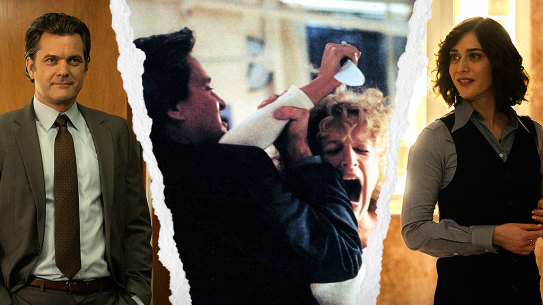 Index pic for Fatal Attraction. Pic shows Joshua Jackson from the TV show, Michael Douglas and Glenn Close from the film, and Lizzy Caplan from the TV show. 