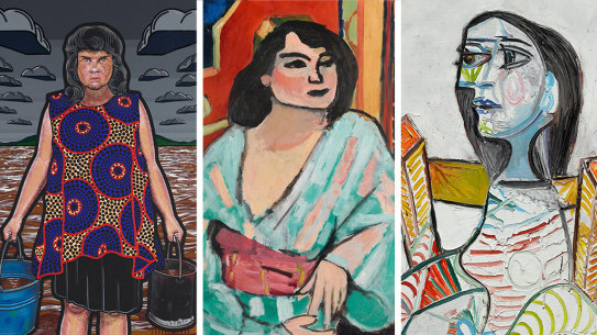 From left: Blak Douglas’s Moby Dickens, Henri Matisse’s Algerian woman (L’Algérienne) and Picasso’s Portrait of a Woman.
