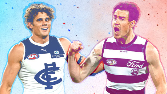 Clash of the titans: Carlton star Charlie Curnow and Geelong forward Jeremy Cameron.