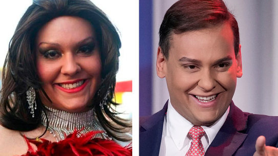 Drag Queen Kitara Ravache, left, supposedly Republican congressman George Santos, right, in Niteroi, Rio de Janeiro, Brazil