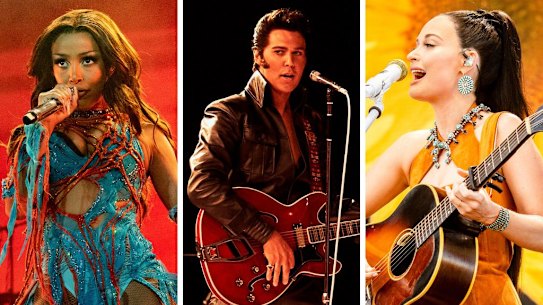 From left: Doja Cat, Austin Butler as Elvis Presley and Kacey Musgraves.