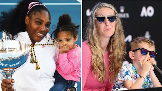 Serena Williams with daughter Olympia, and Victoria Azarenka with her son Leo.