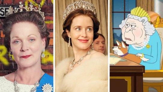 The Queen on screen: Samantha Bond in The Queen and I, Claire Foy in The Crown and the animated Queen in The Prince.