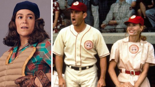 Abbi Jacobson and, right, Tom Hanks and Geena Davis in the original A League of Their Own.