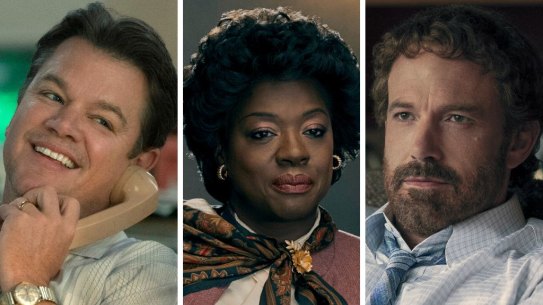 From left: Matt Damon as Nike marketing executive Sonny Vaccaro, Viola Davis as Deloris Jordan and Ben Affleck as Nike CEO Phil Knight.