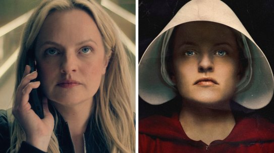 Elisabeth Moss in The Veil, left, and The Handmaid’s Tale.