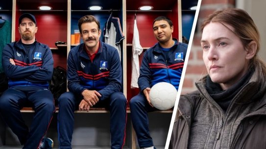 The best shows you’ve never seen. Ted Lasso (left) and Kate Winslet in Mare of Eastttown (right).