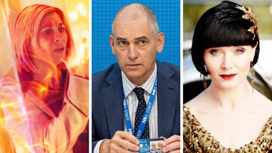 From left: Jodie Whittaker in Doctor Who, Rob Sitch in Utopia and Essie Davis in Miss Fisher’s Murder Mysteries.