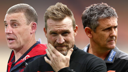 Under the pump: Simon Goodwin, Nathan Buckley and Leon Cameron.