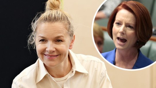 Justine Clarke plays former prime minister Julia Gillard (inset) in the Sydney Theatre Company’s Julia.