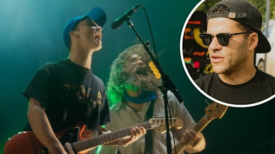 James (Rory Potter) on stage with Dune Rats in 6 Festivals. Inset: director Macario De Souza.