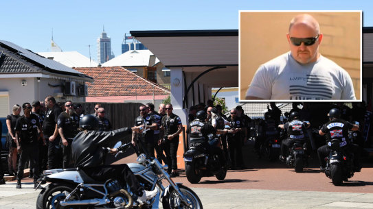 Rebels members arrive to the funeral home to farewell slain bikie boss Nick Martin. Stacey Schoppe, Mr Martin's stepdaughter, also pictured. Picture: Marta Pascual Juanola