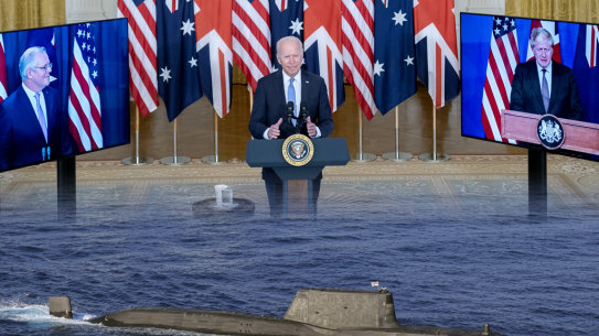 Scott Morrison joins US President Joe Biden and UK Prime Minister Boris Johnson to announce a pact between the three nations that will see a fleet of nuclear-powered submarines built in Adelaide.