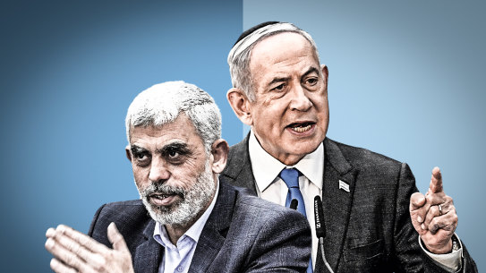 Hamas leader Hamas  Yahya Sinwar and Israel PM Benjamin Netanyahu.