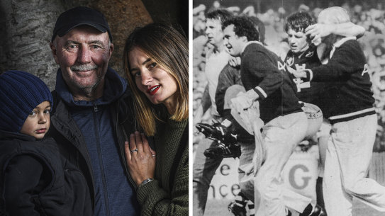 Ken Hunter with his daughter Mattia and grandson Julius; and carried off the ground in the 1982 grand final. 