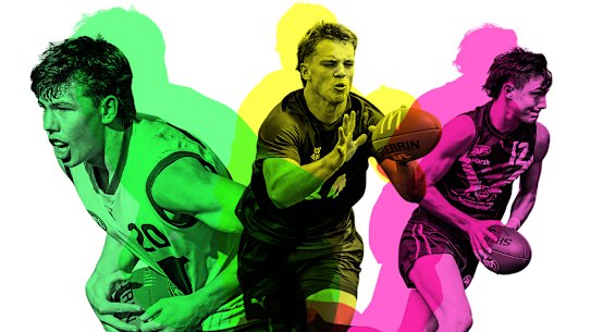 A trio of the top prospects in the 2024 AFL draft (from left): Finn O’Sullivan, Sam Lalor, and Jagga Smith.