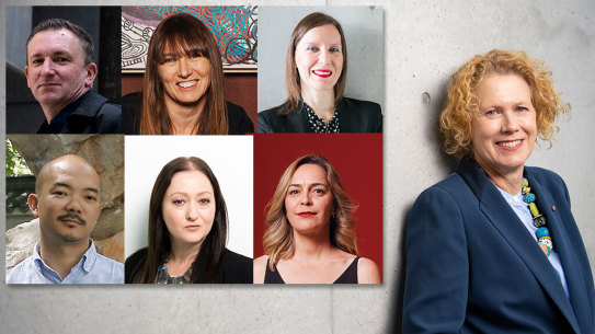 Next in line to replace Liz Ann Macgregor (far right) at the MCA?Clockwise from top left: Blair French, Maud Page, Rachel Kent, Clothilde Bullen, Alexie Glass-Kantor, Aaron Seeto