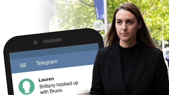 Former defence department media adviser Lauren Gain outside the Federal Court in Sydney on Wednesday and a mock-up of Telegram message sent by Gain on March 23, 2019.
