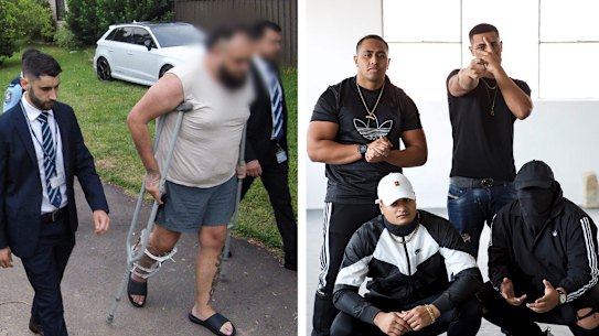 NSW police arrest a man (left) in January over an alleged plot to kill members of the rap group OneFour (right).