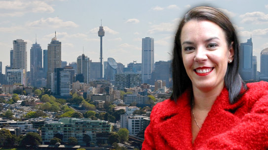 Melissa Caddick and the view from the balcony of the Edgecliff penthouse she bought for her parents.