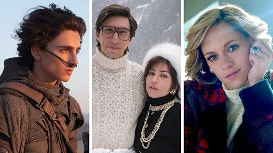 From left: Timothee Chalamet in Dune, Adam Driver and Lady Gaga in House of Gucci and Kristen Stewart as Princess Diana in Spencer.