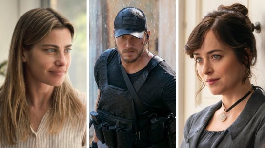 Top streaming in July (from left): Brooke Satchwell in The Twelve, Chris Pratt in The Terminal List and Dakota Johnson in Persuasion.