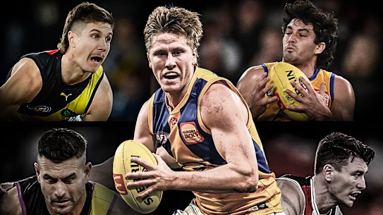 The future of West Coast’s Harry Edwards (centre) and (clockwise from top left) Richmond’s Liam Baker, West Coast’s Tom Barrass, St Kilda’s Josh Battle and Richmond’s Jack Graham could be linked this trade period.