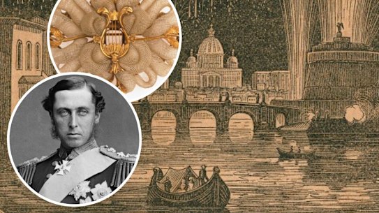 Main: Flyer, Panoramic View of Rome, Cremorne Gardens 1859-60. Inset top: Mourning brooch made from the hair of Miss Anne Drysdale [c. 1853]. Inset bottom: Prince Alfred, Duke of Edinburgh.