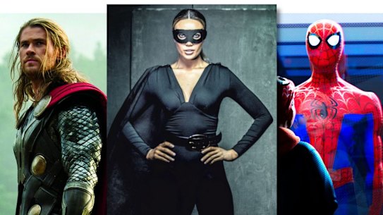 From left: Chris Hemsworth in Thor: The Dark World, a modern-day superhero and a scene from Spider-Man: Into the Spider-Verse.