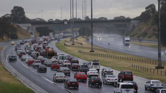 Traffic is jammed on the Eastern Freeway, near the Chandler Highway exit around 8.30am.