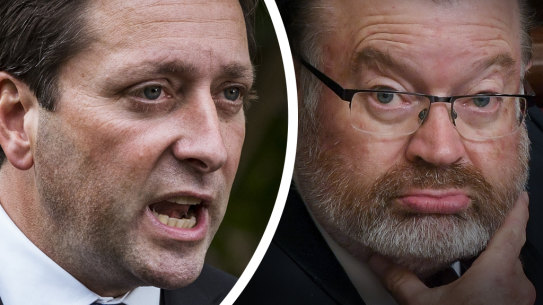 Victorian Opposition Leader Matthew Guy (left) has previously said the party is sick of Bernie Finn’s social media posts.
