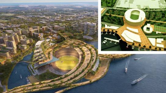 The Brisbane Design Alliance’s vision for a Hamilton stadium, and the abandoned 1990s proposal (inset) for the same site.