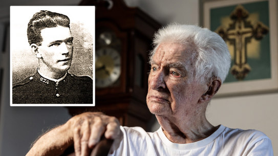 Peter Nash with a historic photo of his father