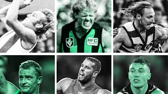 Footy through the decades: (clockwise from left) Malcolm Blight, Dermott Brereton, Gary Ablett snr, Patrick Cripps, Lance Franklin and Michael Voss.